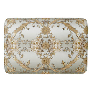 Golden Ornate White Flowers Bath Mat