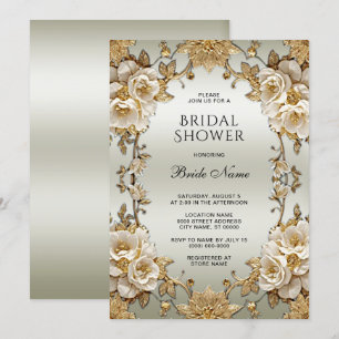 Golden Ornate White Flowers Bridal Shower Invitation