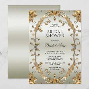 Golden Ornate White Flowers Bridal Shower Invitation