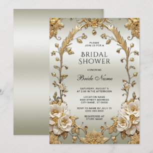 Golden Ornate White Flowers Bridal Shower Invitation