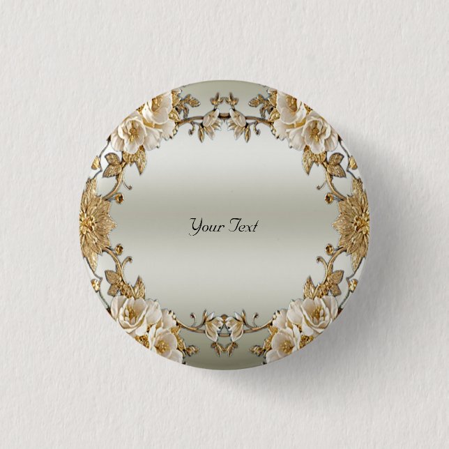 Golden Ornate White Flowers Button (Front)