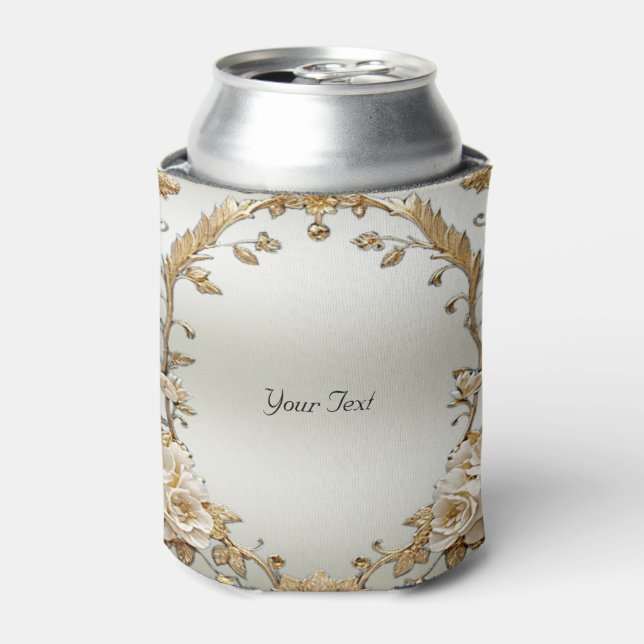 Golden Ornate White Flowers Can Cooler (Can Front)