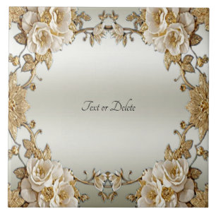 Golden Ornate White Flowers Ceramic Tile