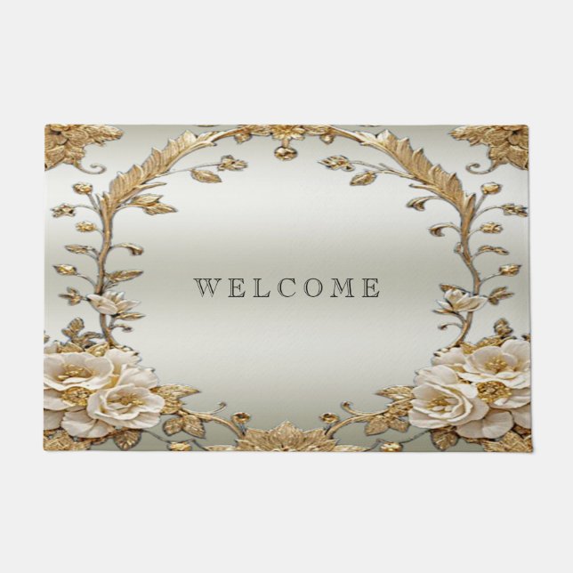 Golden Ornate White Flowers Doormat (Front)