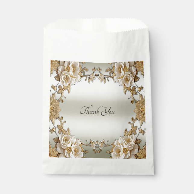 Golden Ornate White Flowers Favour Bag (Front)