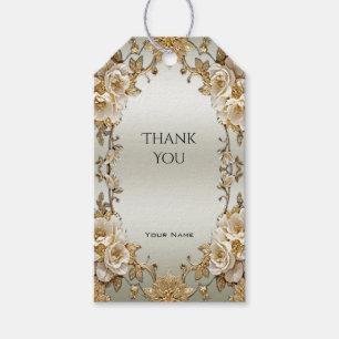 Golden Ornate White Flowers Gift Tag
