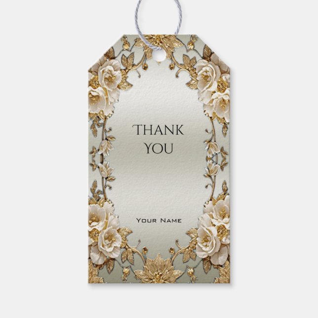 Golden Ornate White Flowers Gift Tag (Front)