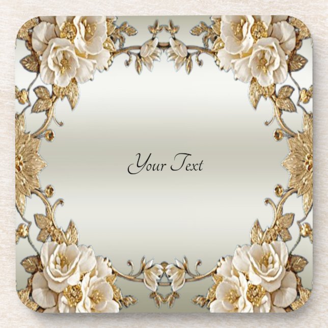 Golden Ornate White Flowers Hard Plastic Coaster (Front)