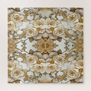 Golden Ornate White Flowers Jigsaw Puzzle