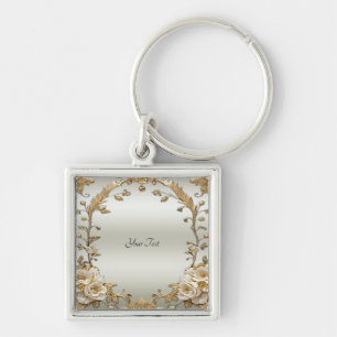 Golden Ornate White Flowers Keychain