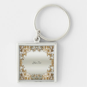 Golden Ornate White Flowers Keychain