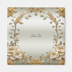 Golden Ornate White Flowers Magnet