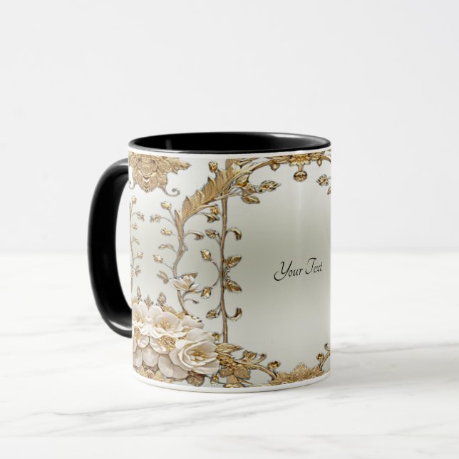 Golden Ornate White Flowers Mug (Front Left)
