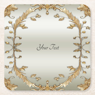 Golden Ornate White Flowers Paper Coaster