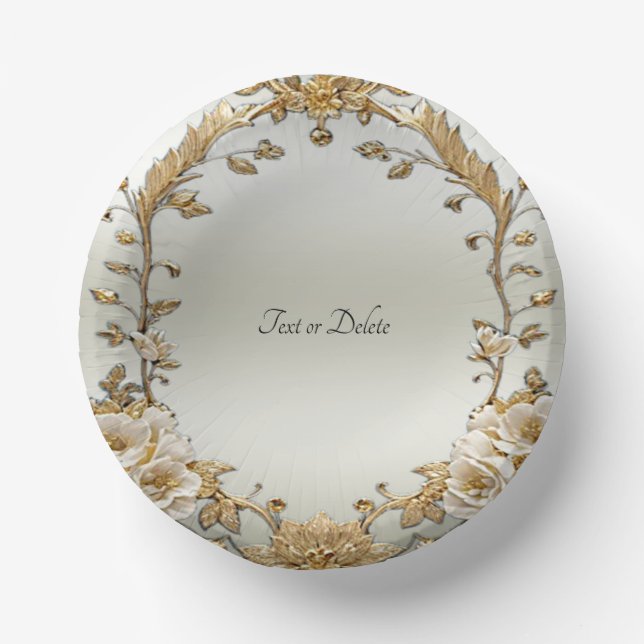 Golden Ornate White Flowers Paper Plate (Front)