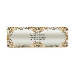 Golden Ornate White Flowers Return Address Label