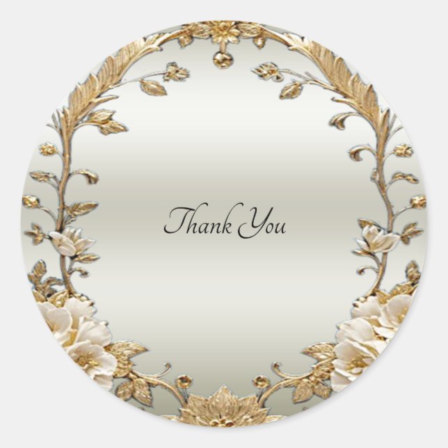 Golden Ornate White Flowers Seal Sticker (Front)