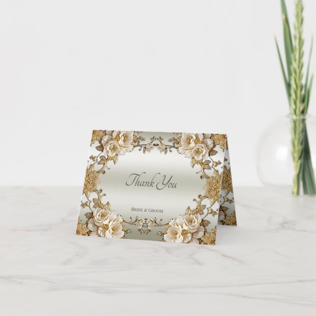 Golden Ornate White Flowers Thank You Card (Front)