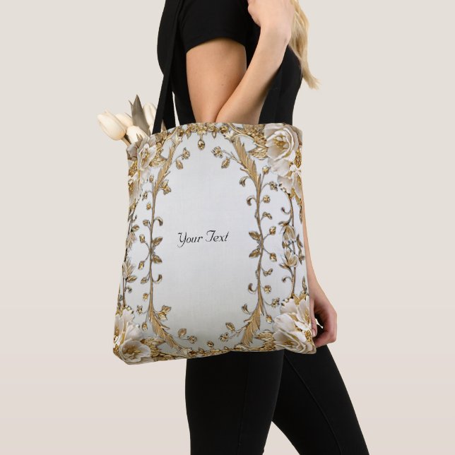 Golden Ornate White Flowers Tote Bag (Close Up)