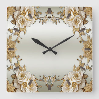 Golden Ornate White Flowers Wall Clock