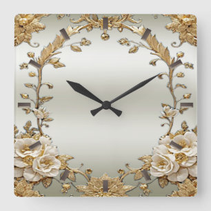 Golden Ornate White Flowers Wall Clock