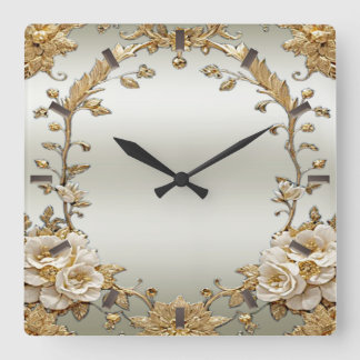 Golden Ornate White Flowers Wall Clock