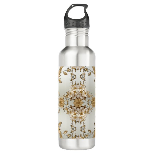 Golden Ornate White Flowers Water Bottle (Front)