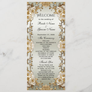 Golden Ornate White Flowers Wedding Program