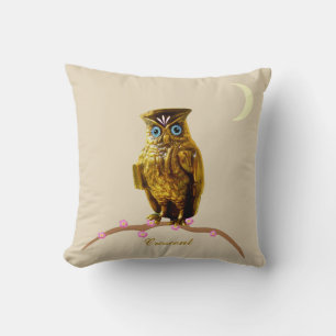 Golden Owl and Crescent Moon on Beige Throw Pillow