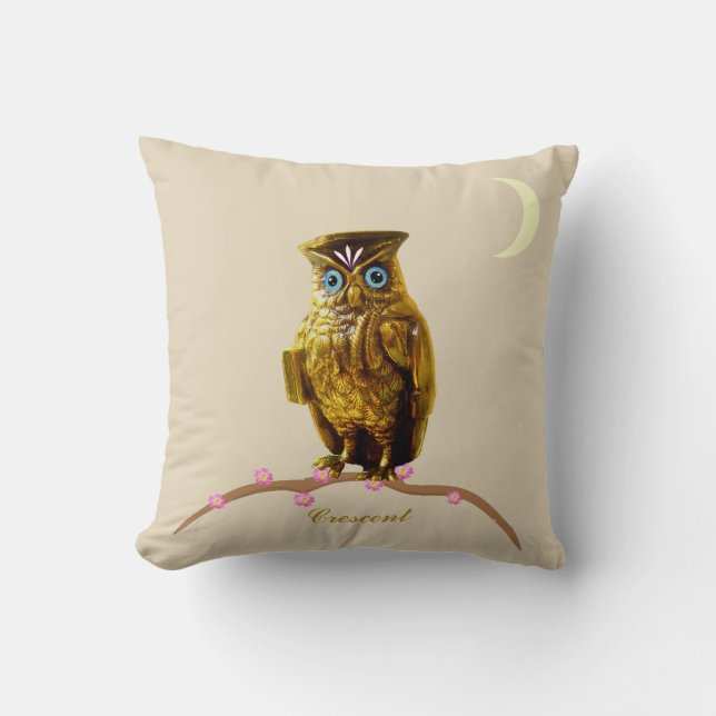 Golden Owl and Crescent Moon on Beige Throw Pillow (Front)