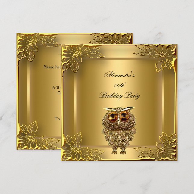 Golden Owl Elite Elegant Gold Birthday Party Invitation (Front/Back)