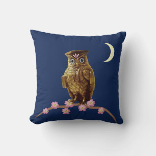 Golden Owl, Flowers and Crescent Moon on Navy Blue Throw Pillow