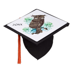 Golden Owl Green Flowers and Date   Graduation Cap Topper