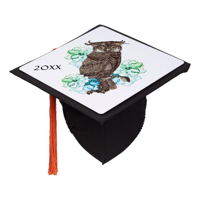 Golden Owl Green Flowers and Date   Graduation Cap Topper (Angled)