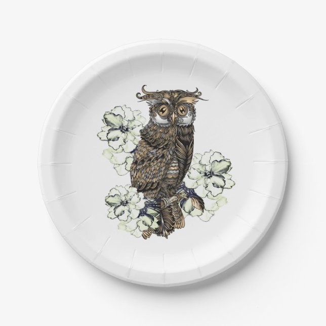 Golden Owl Green Orchids Paper Plate (Front)
