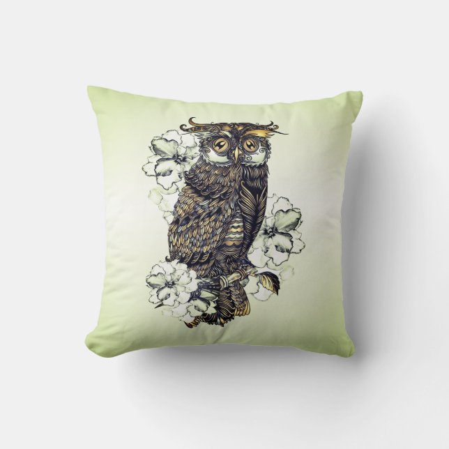 Golden Owl Green Orchids Throw Pillow (Front)