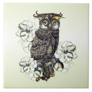 Golden Owl Green Orchids Tile