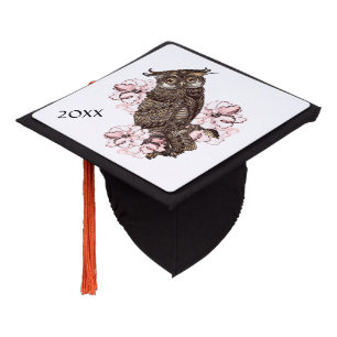 Golden Owl Pink Orchids and Date Graduation Cap Topper