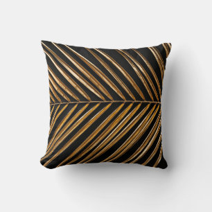 Golden painted date palm leaf closeup on abstract throw pillow