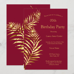 Golden Palm Burgundy Red Gold Birthday Party Invitation