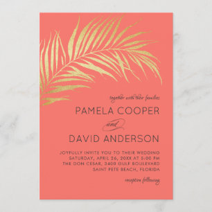Golden Palm Frond Modern Minimalist Wedding Invitation