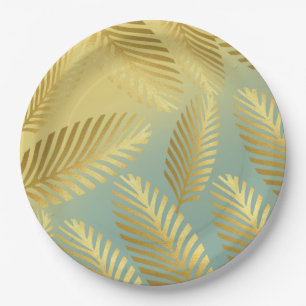 Golden Palm Leaves Pattern Ombre Paper Plate