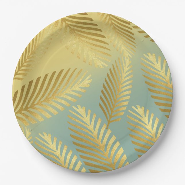 Golden Palm Leaves Pattern Ombre Paper Plate (Front)
