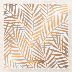 Golden Palm Tree Leaf Pattern Glass Coaster