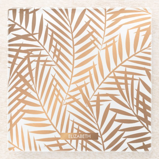 Golden Palm Tree Leaf Pattern Glass Coaster (Front)