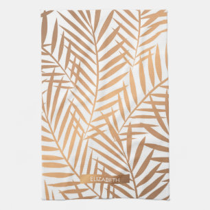 Golden Palm Tree Leaf Pattern Kitchen Towel