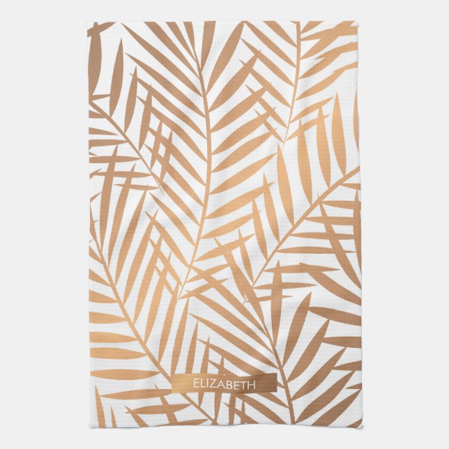 Golden Palm Tree Leaf Pattern Kitchen Towel (Vertical)