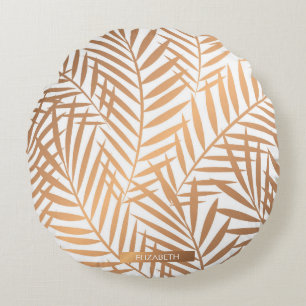 Golden Palm Tree Leaf Pattern Round Pillow
