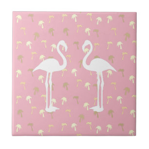 Golden Palm Trees Two White Flamingo Birds Tile