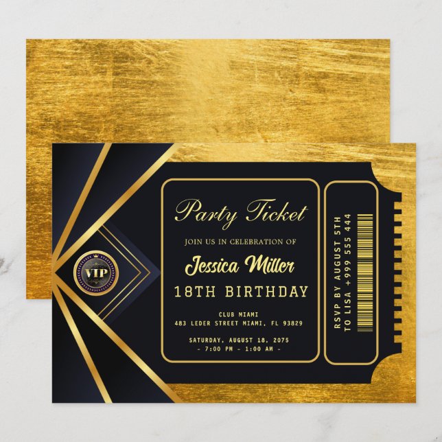 Golden Party Ticket Invitation (Devant / Derrière)